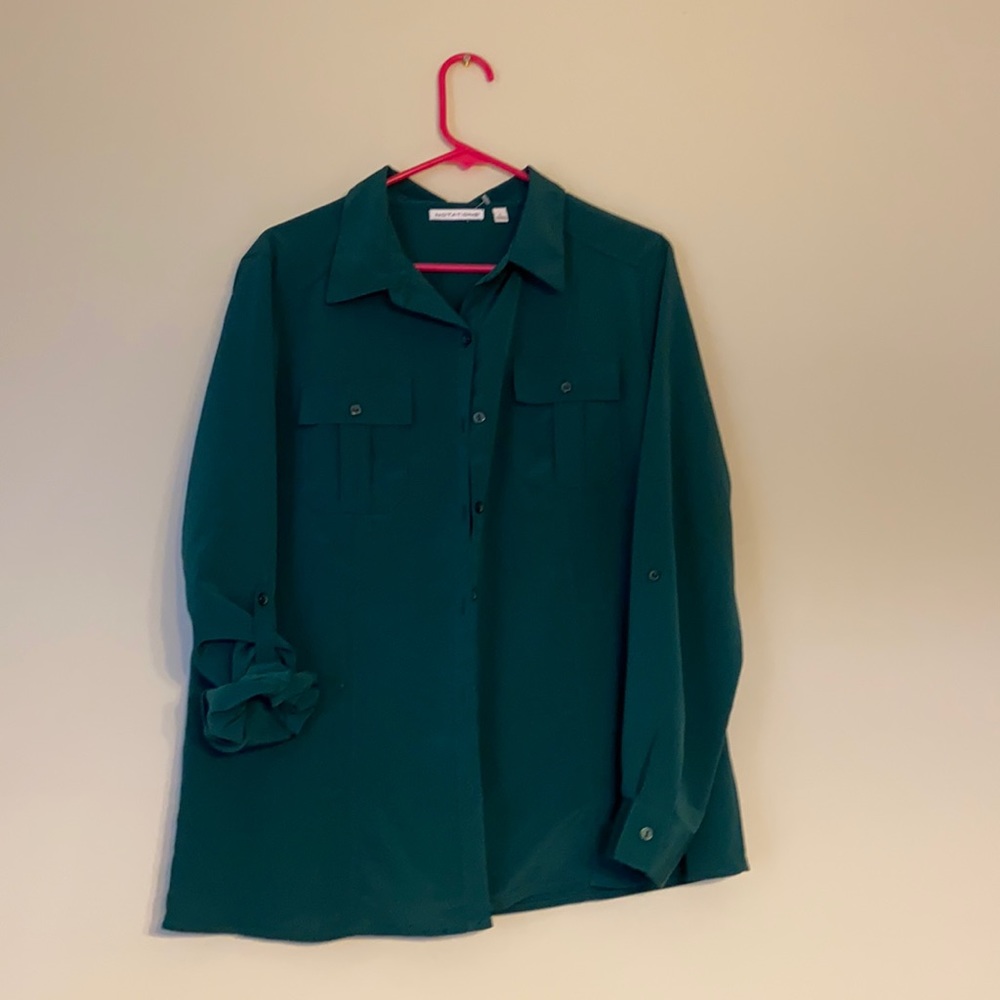 Notations, button up green shirt